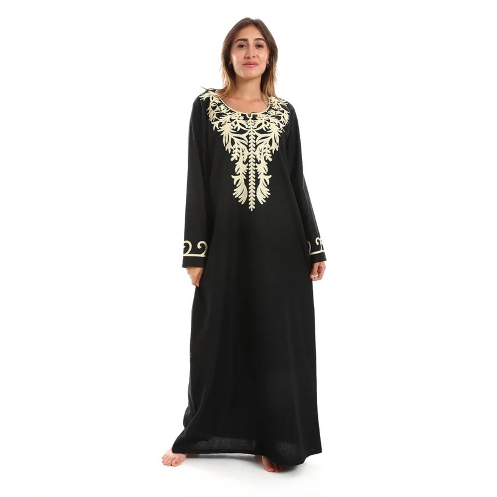 Egyptian Elegant Black and Gold Embroidered Dress Abaya